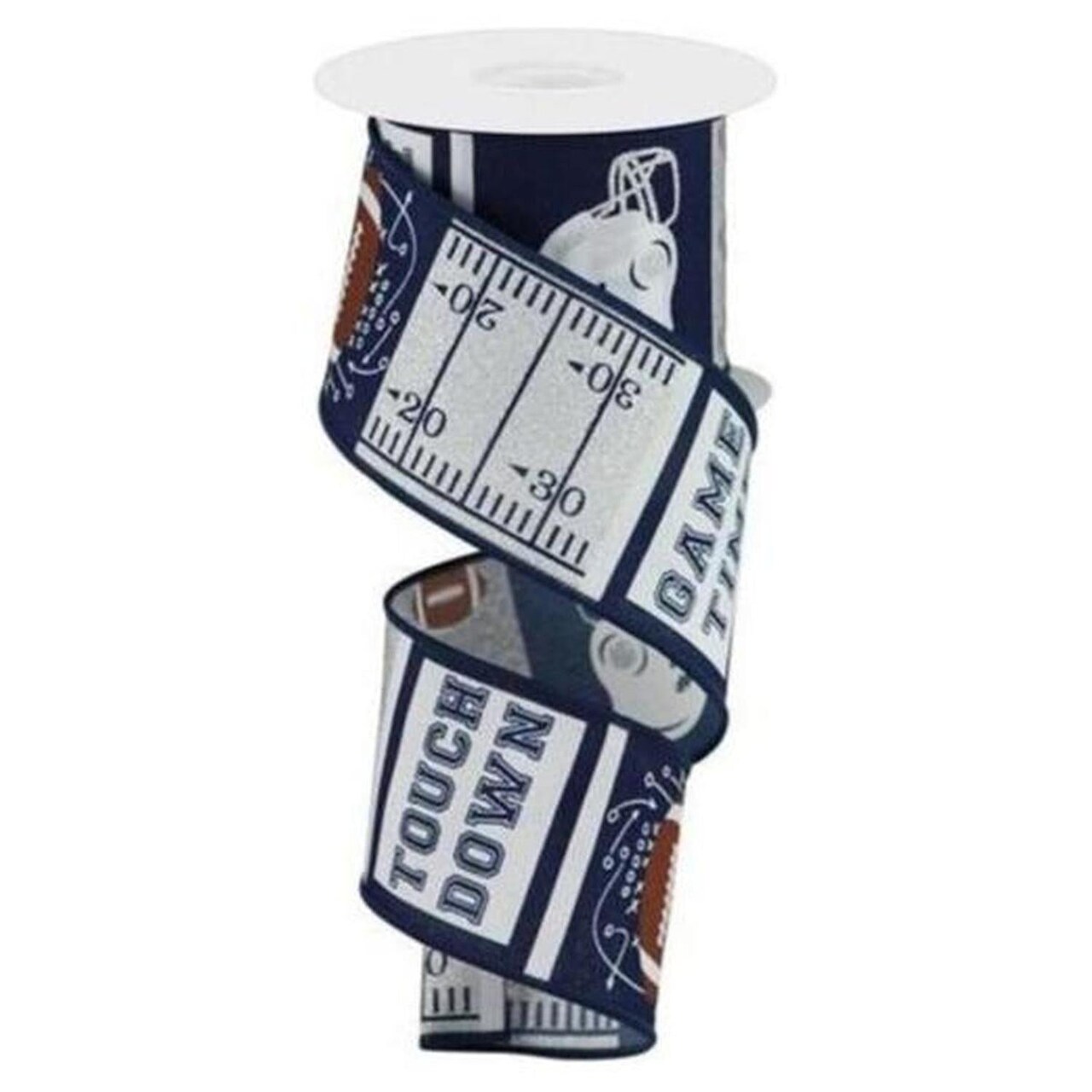 2.5" Football Block Pattern Ribbon: Navy/Silver (10 Yards)
